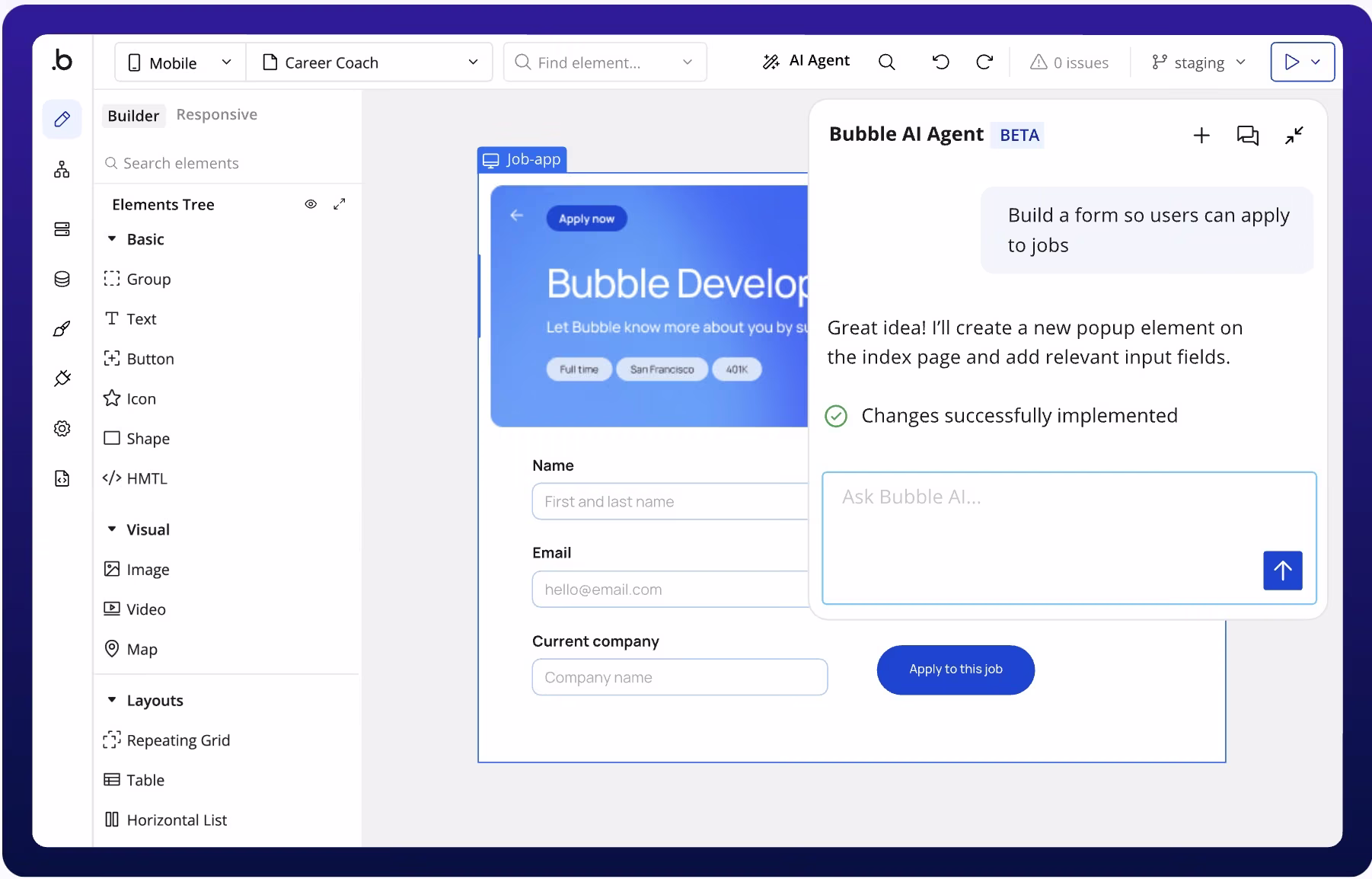 Bubble no-code editor showing workflows and app screens.