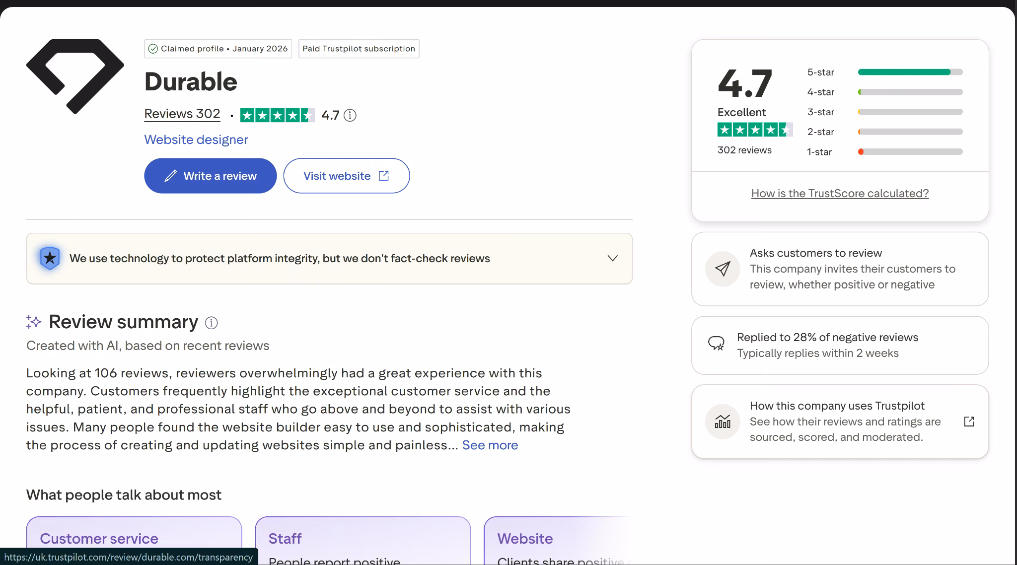 durable trustpilot review