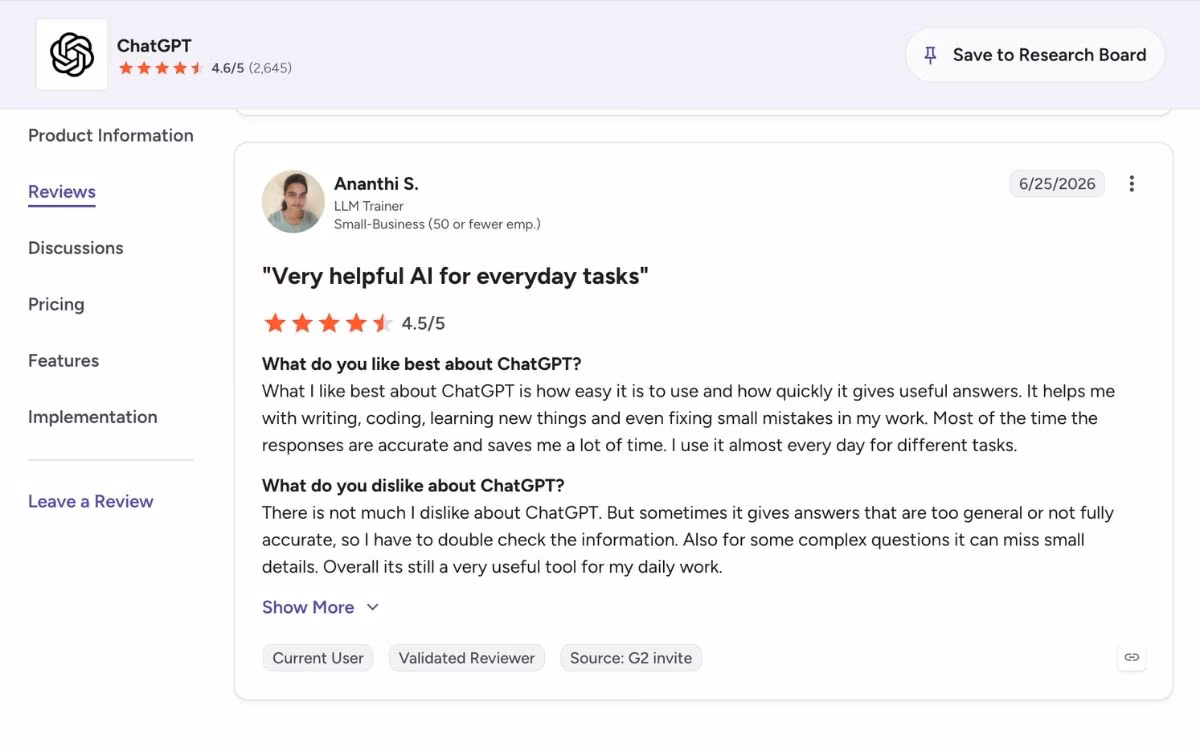 chatgpt user review on g2