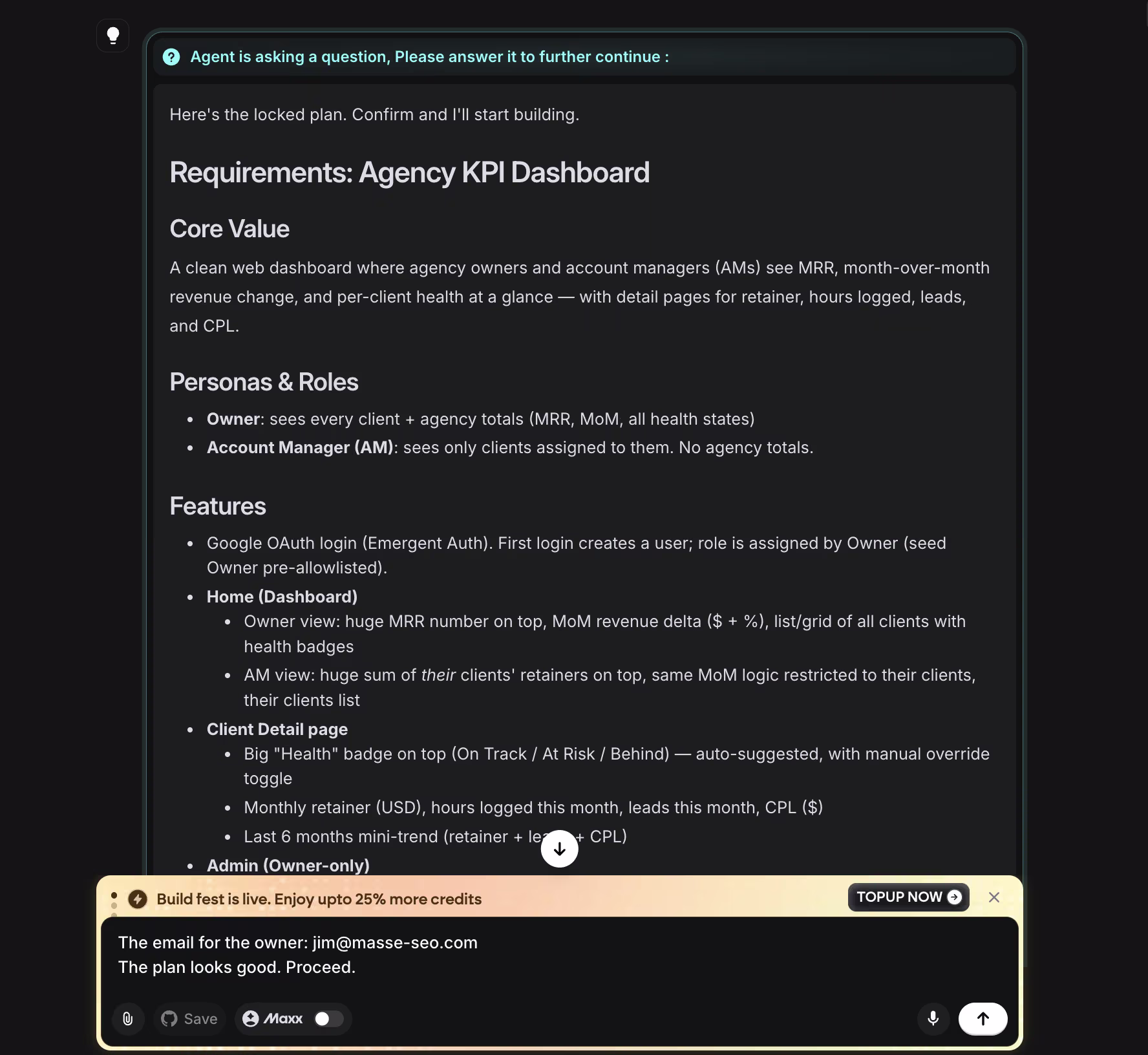 Emergent AI agent showing an Agency KPI Dashboard build plan with the user confirming and setting the owner email