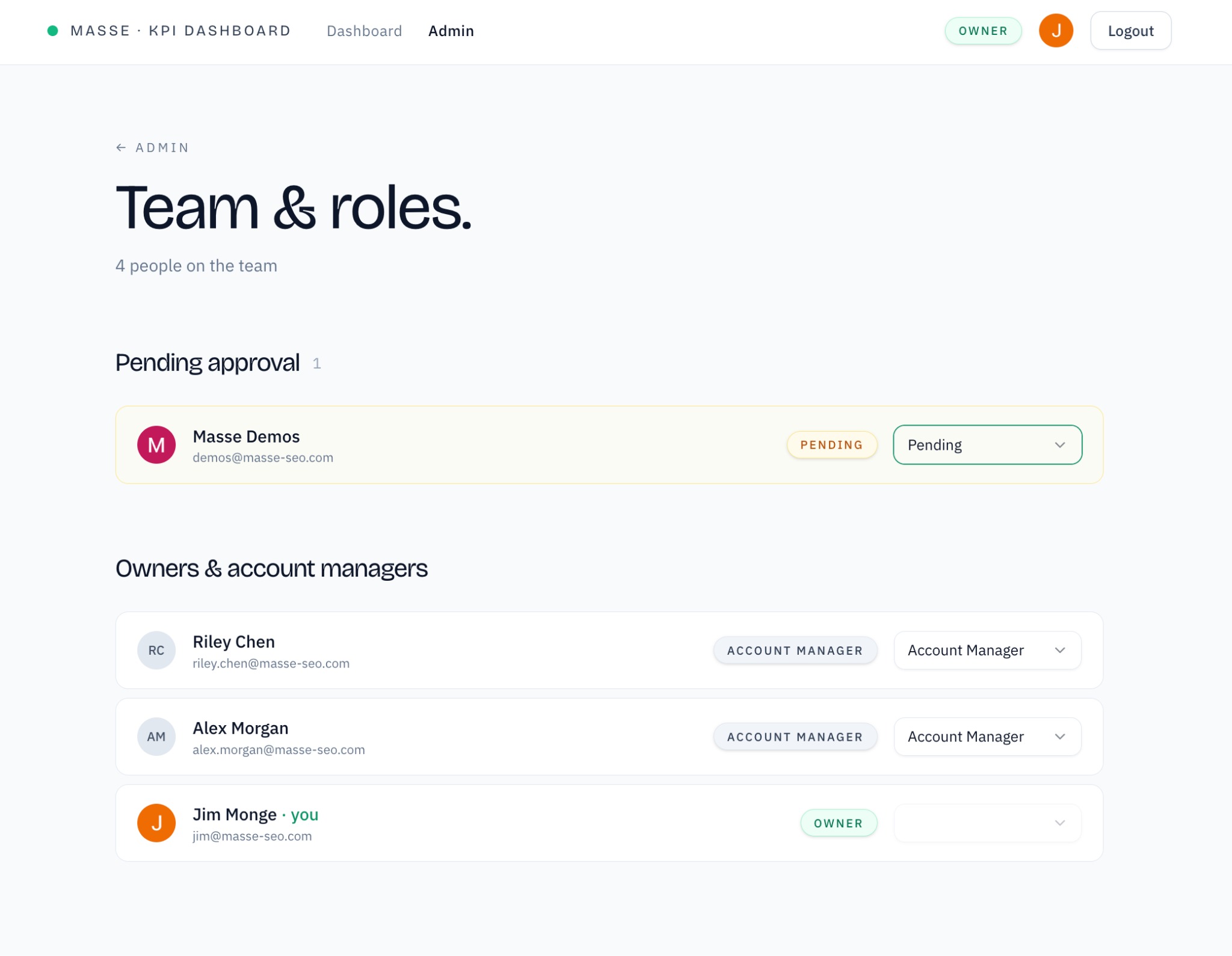 Admin panel for managing team members and their roles