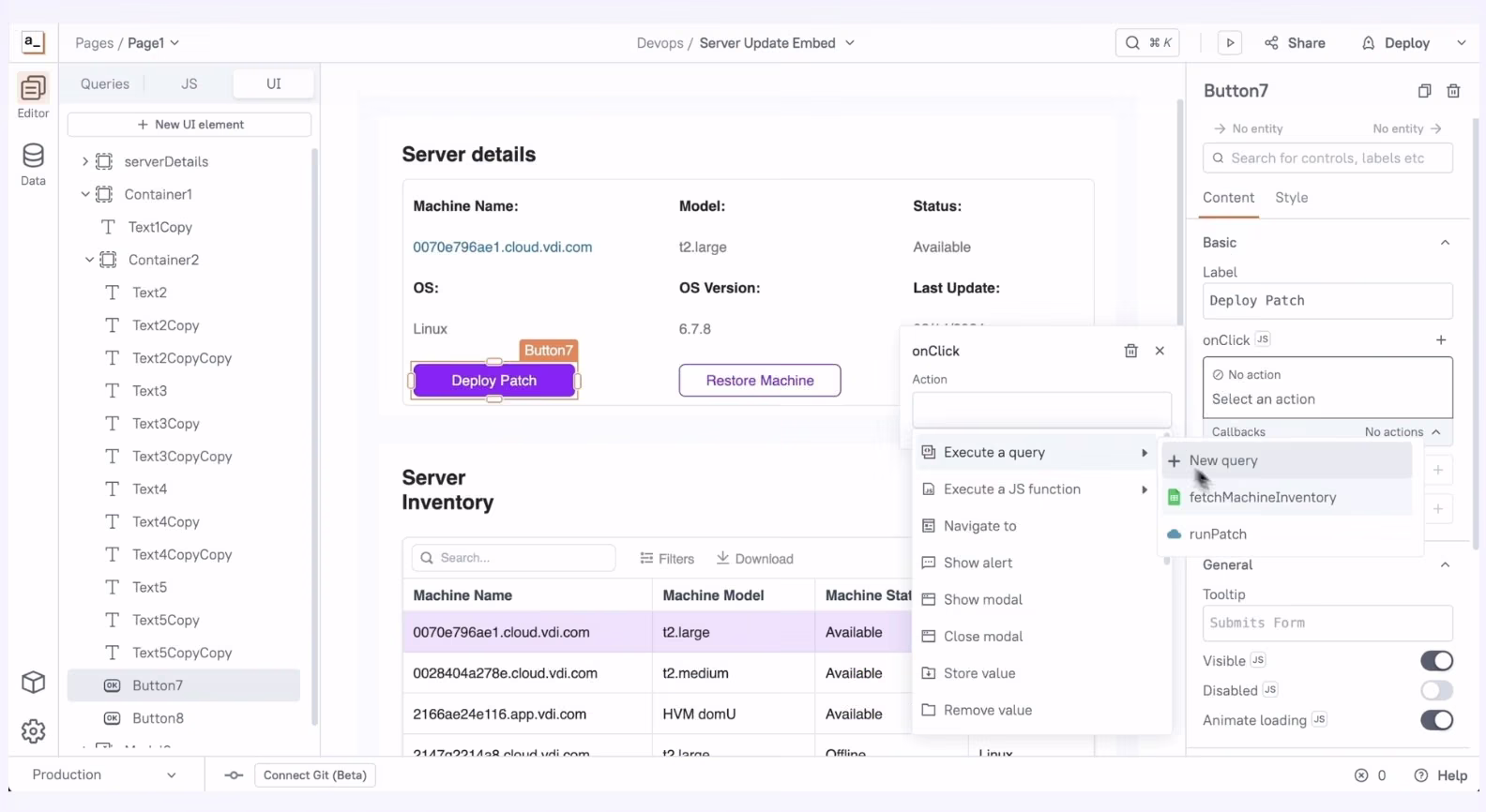 Appsmith internal tool builder showing app components and connected data sources