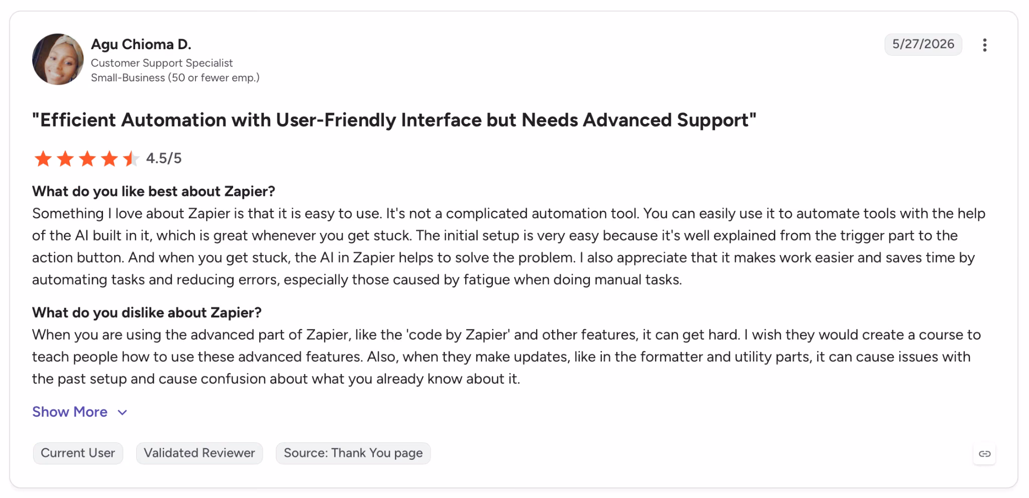 zapier user review on g2