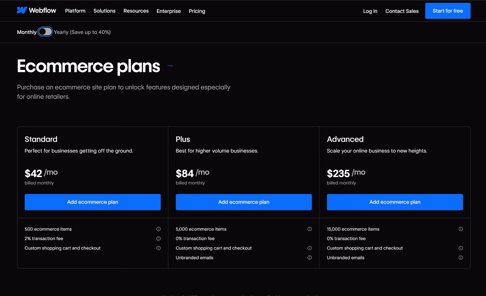 webflow ecommerce plans
