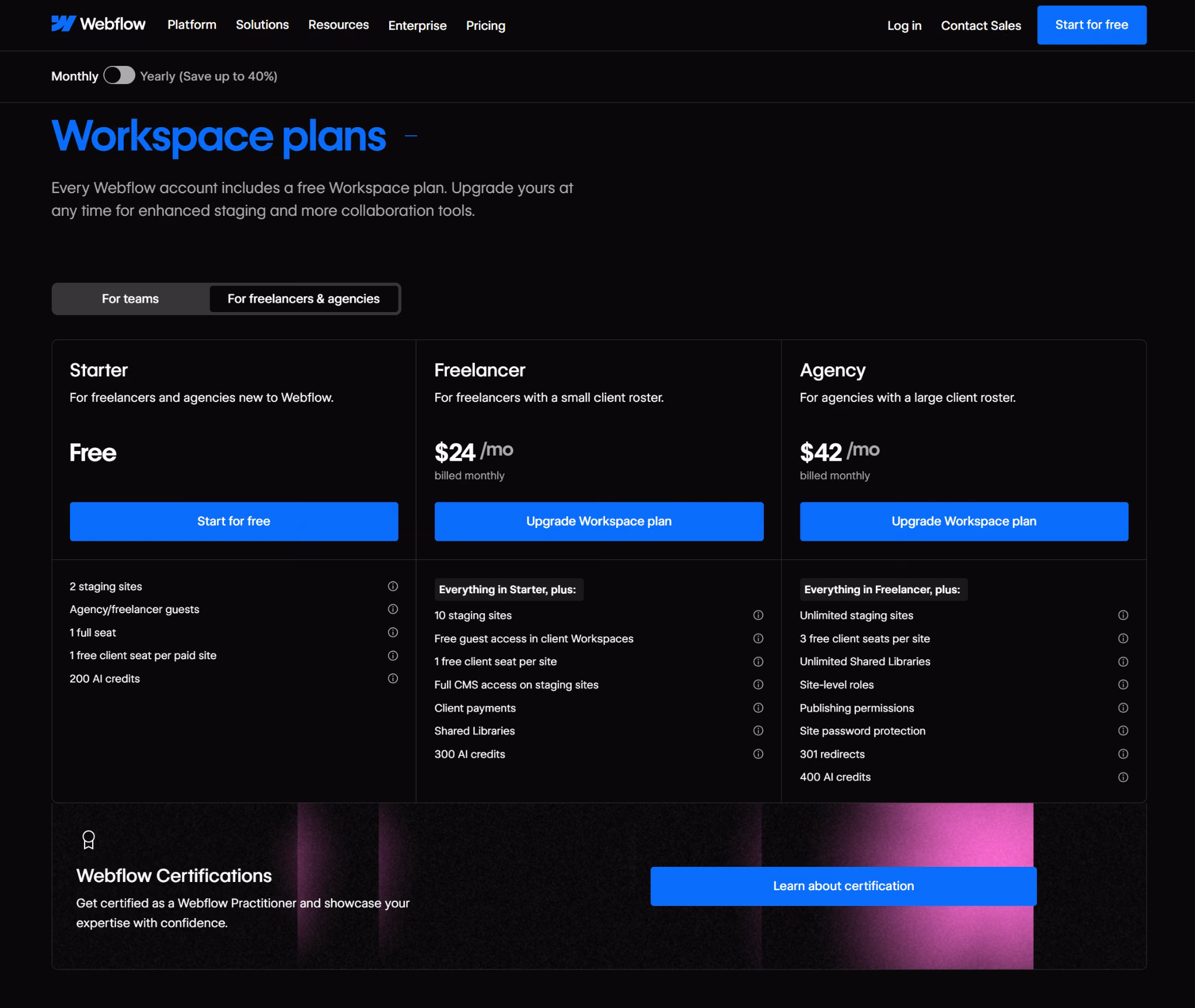 webflow workspace plans for agency and freelancers