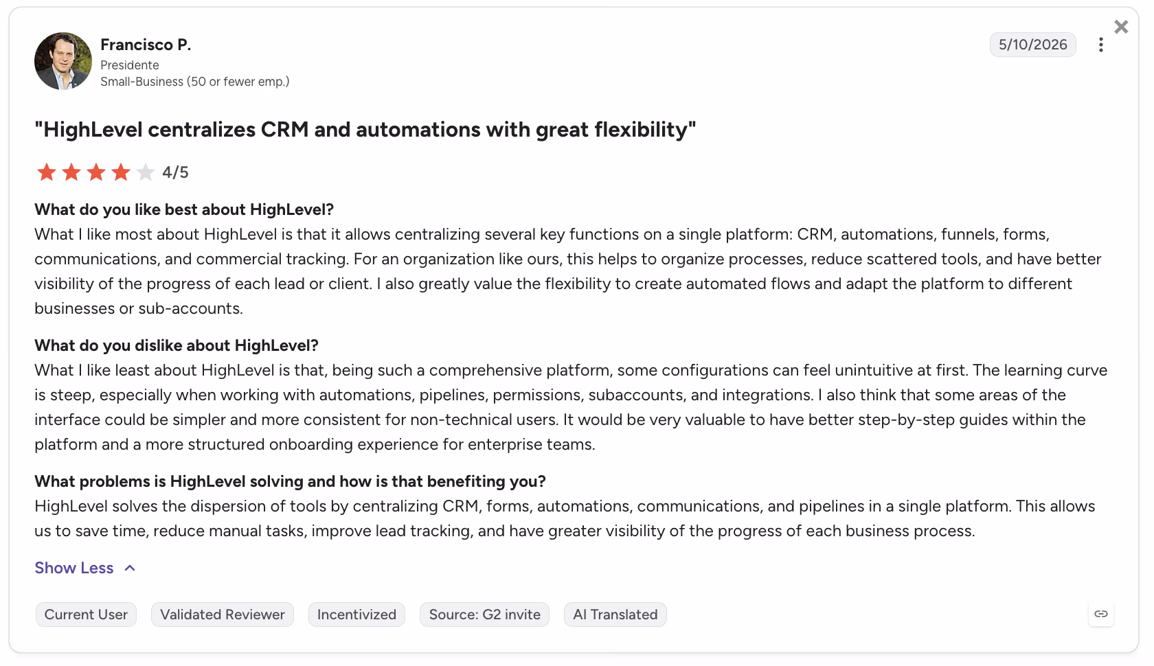 gohighlevel user review on g2