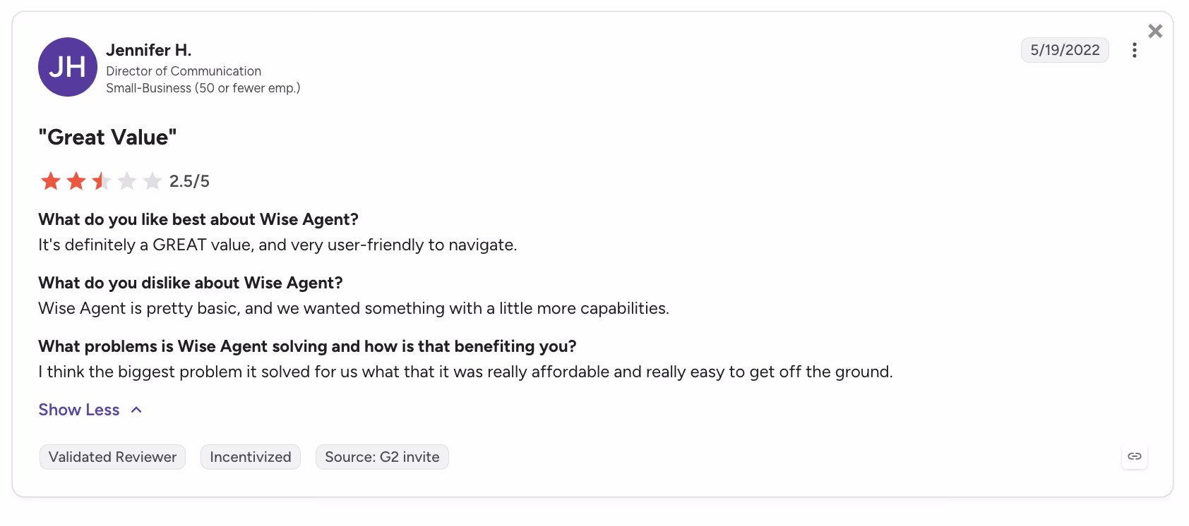 wise agent user review on g2 by jenneifer