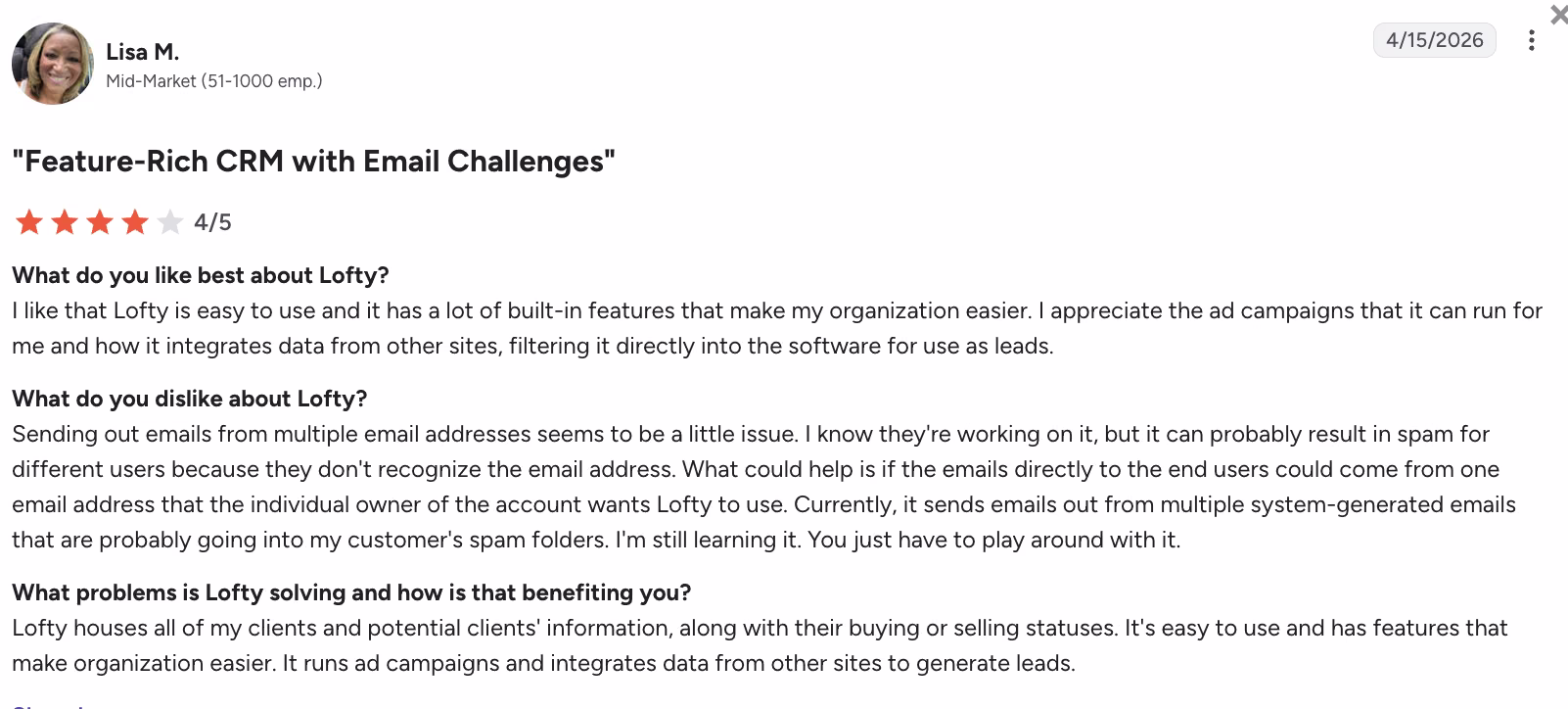 lofty user review on g2