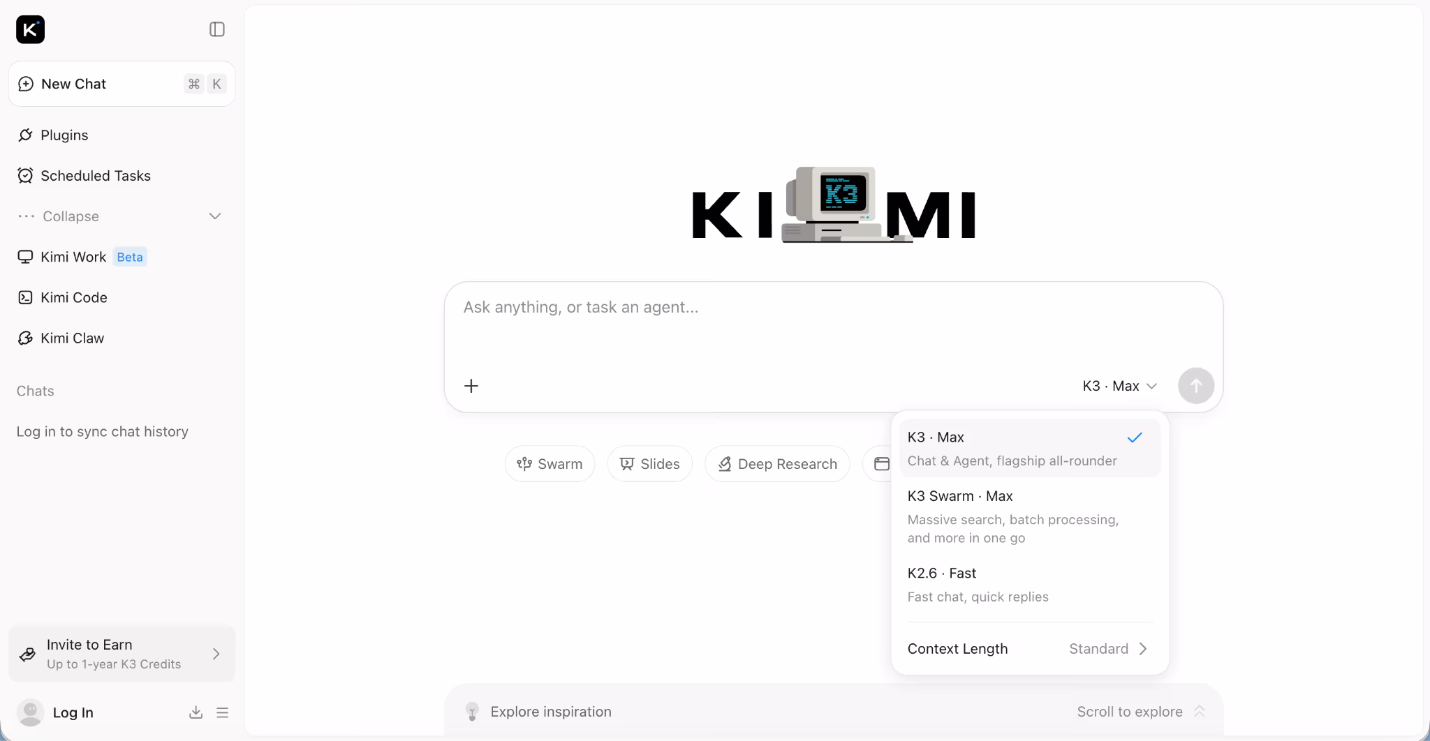 Kimi AI chat interface with model selector dropdown showing K3 Max, K3 Swarm, and K2.6 Fast options