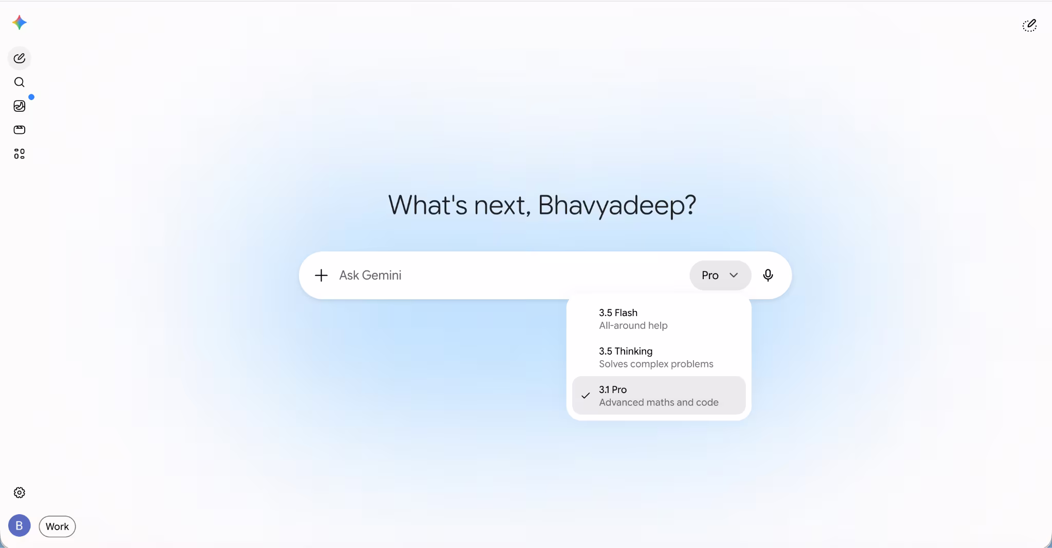 Google Gemini chat interface with model selector dropdown showing 3.5 Flash, 3.5 Thinking, and 3.1 Pro options, with 3.1 Pro selected