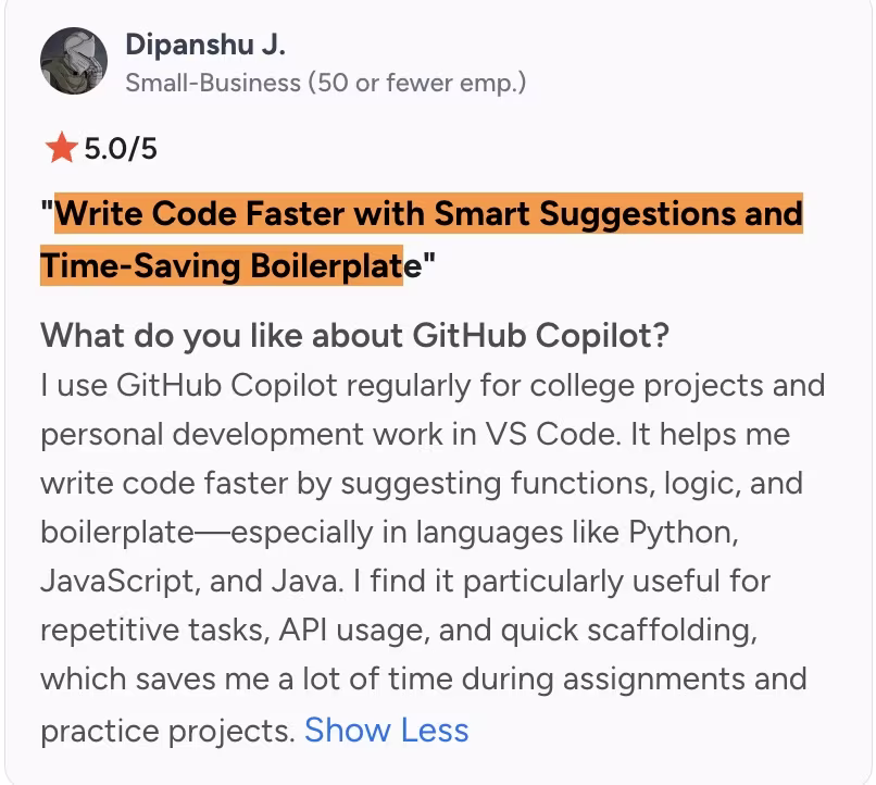 Github copilot review on g2 by dipanshu
