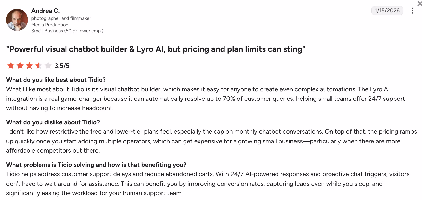 tidio user review on trustpilot