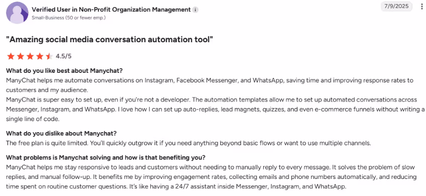 manychat user review on trustpilot