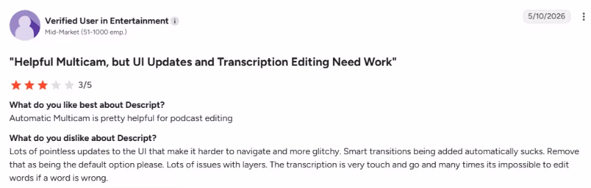 descript user review on g2