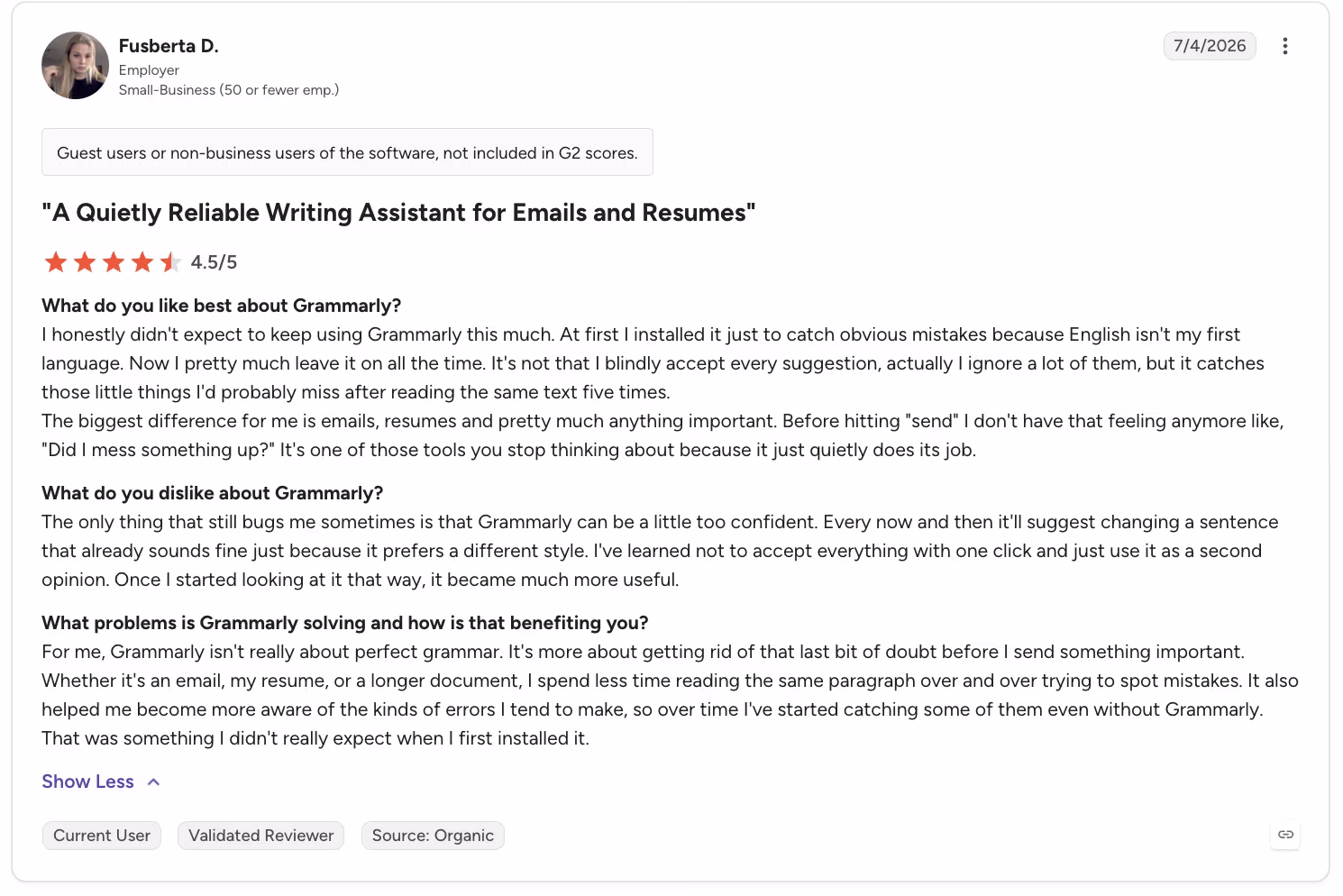 grammarly user review fusberta
