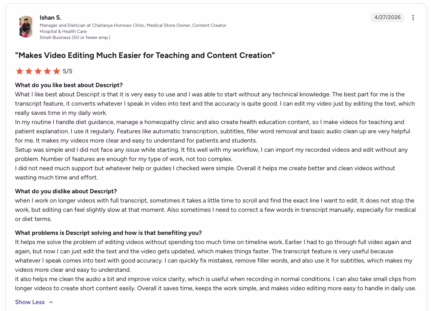descript user review ishan