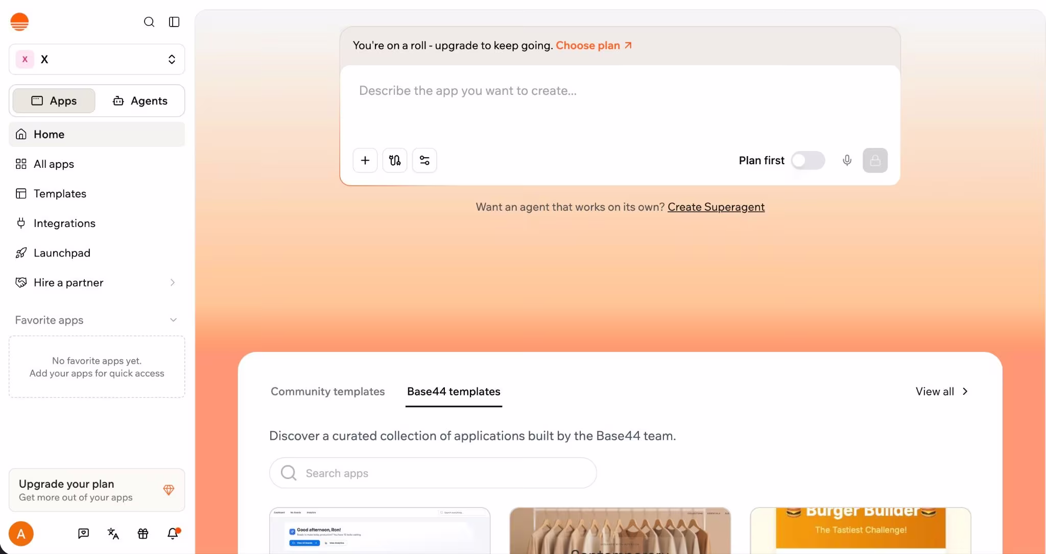 Base44 AI app builder interface.