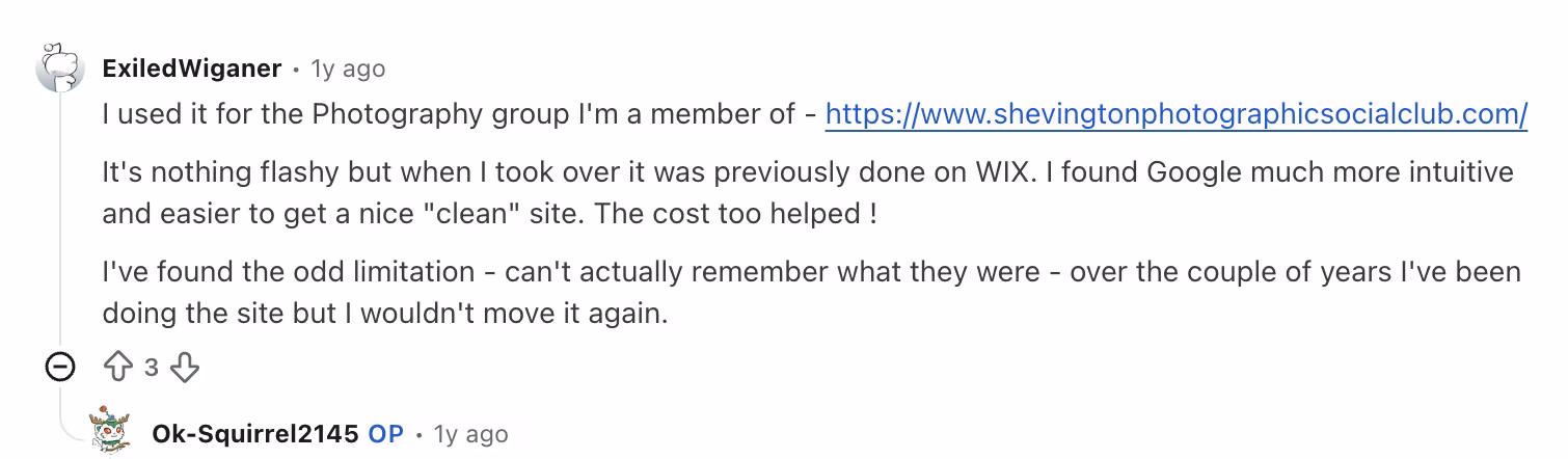 google sites user review on reddit
