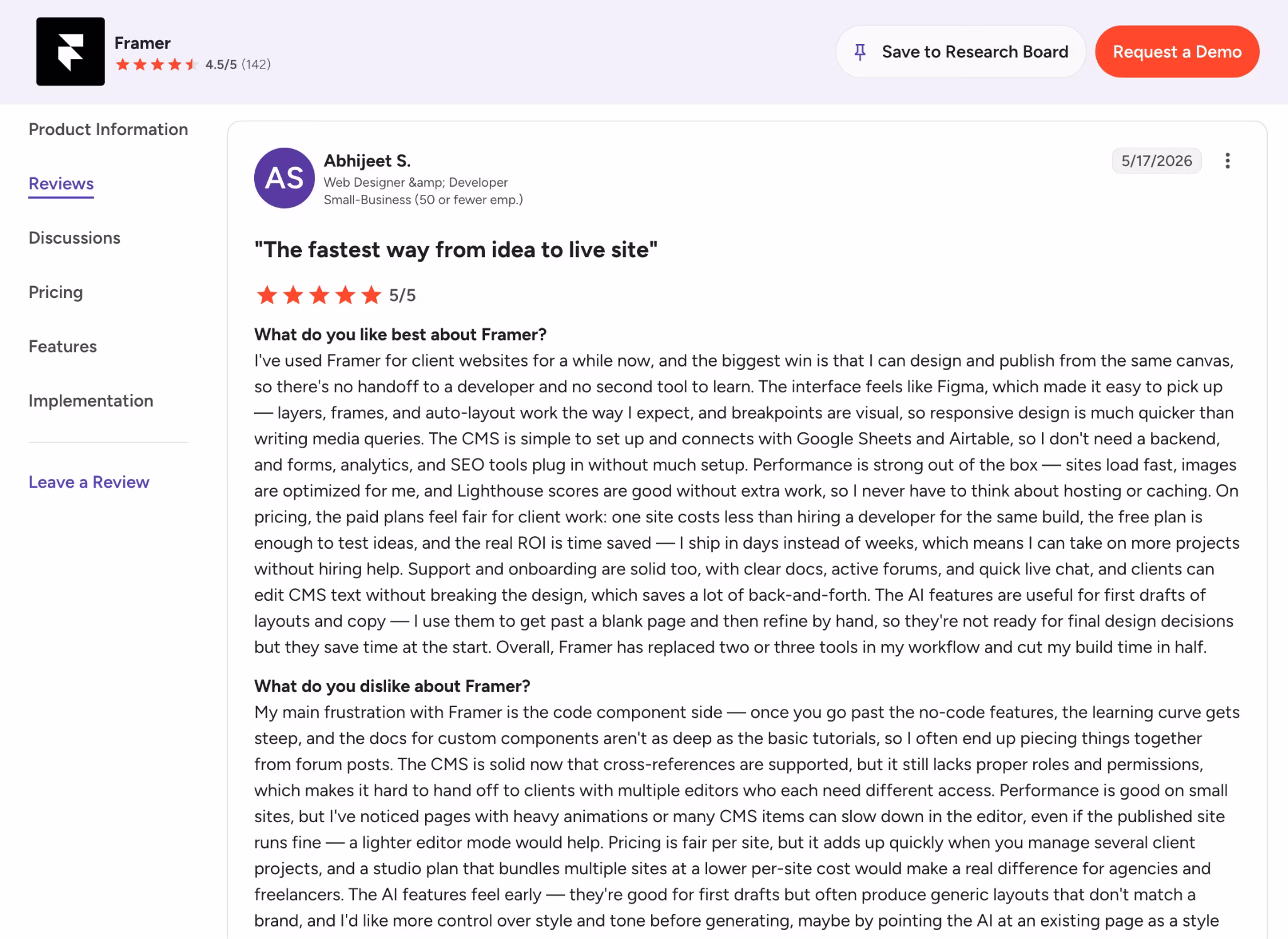 framer user review on g2