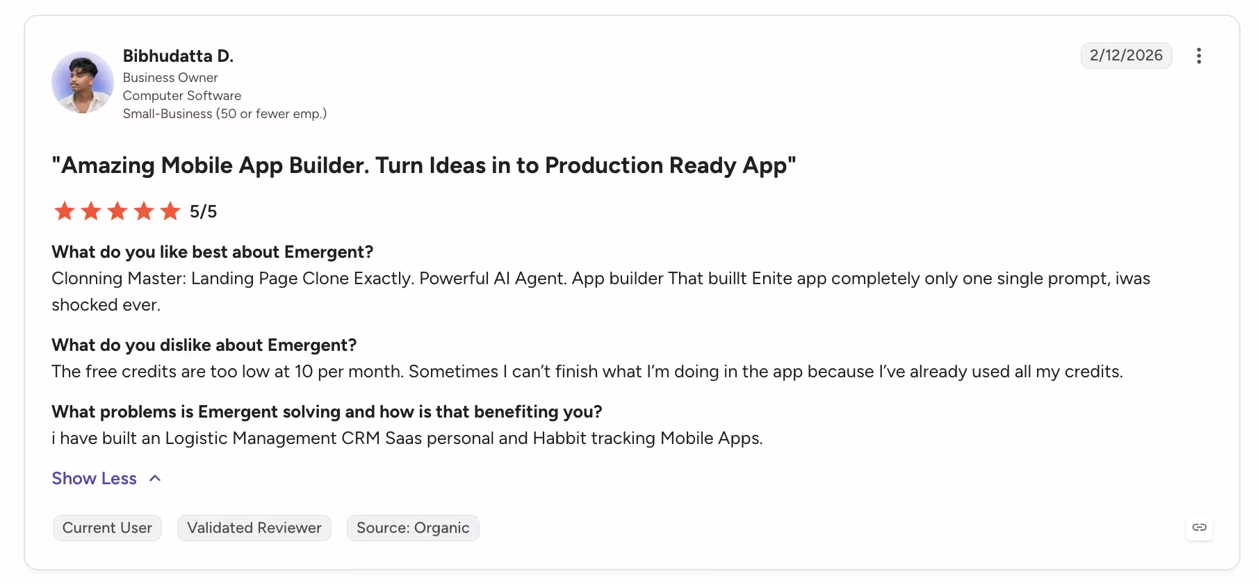 emergent user review bibhudatta