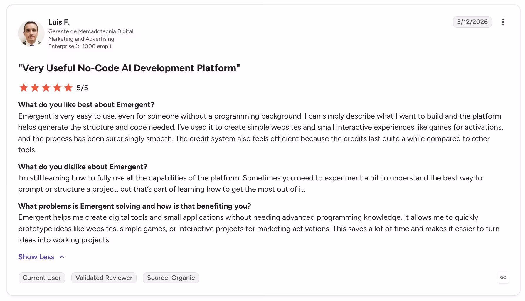emergent user review luis