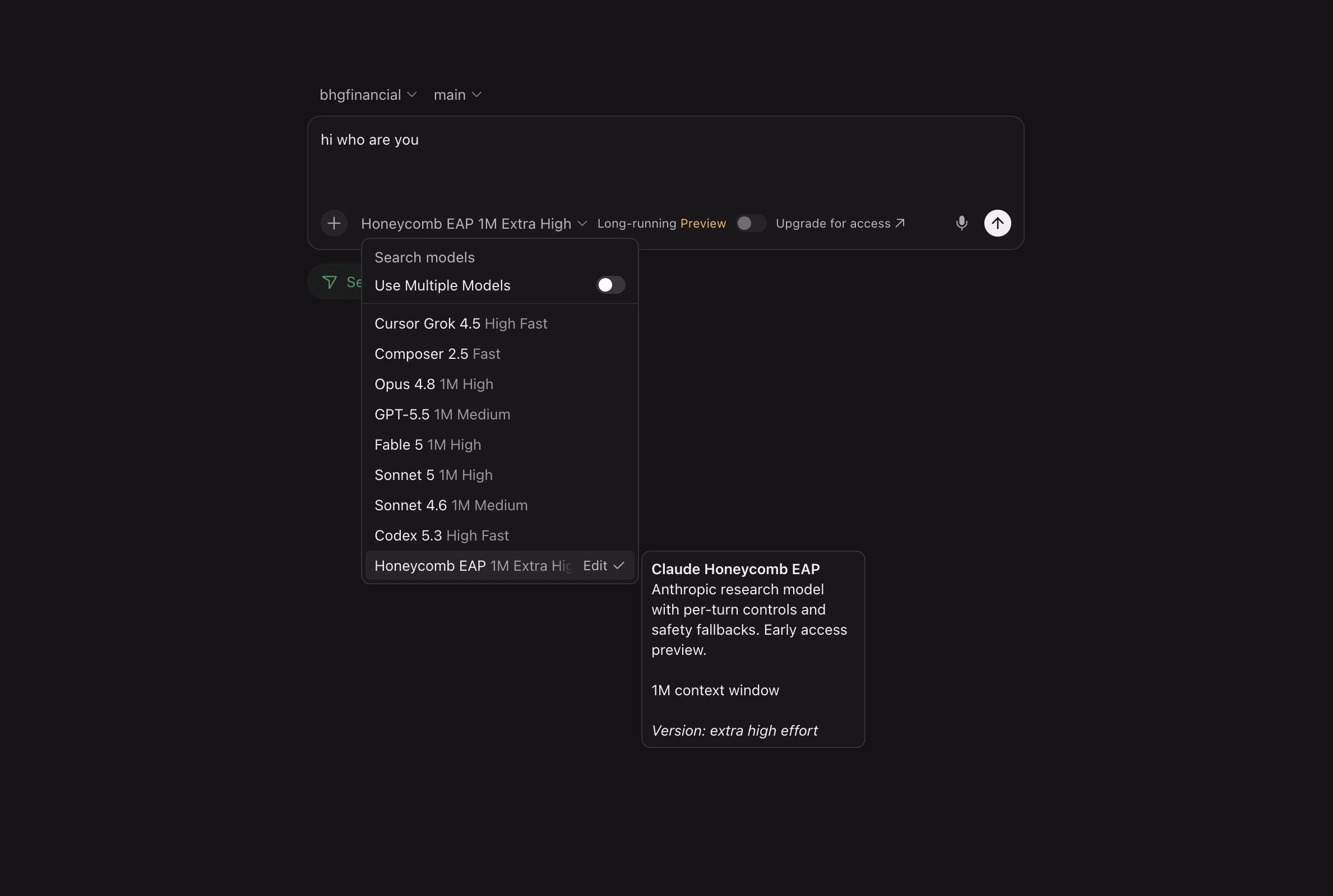 Cursor AI model selector dropdown listing models including Cursor Grok 4.5, Composer 2.5, Opus 4.8, GPT-5.5, Fable 5, Sonnet 5, and Honeycomb EAP, with a tooltip describing the Claude Honeycomb EAP research model