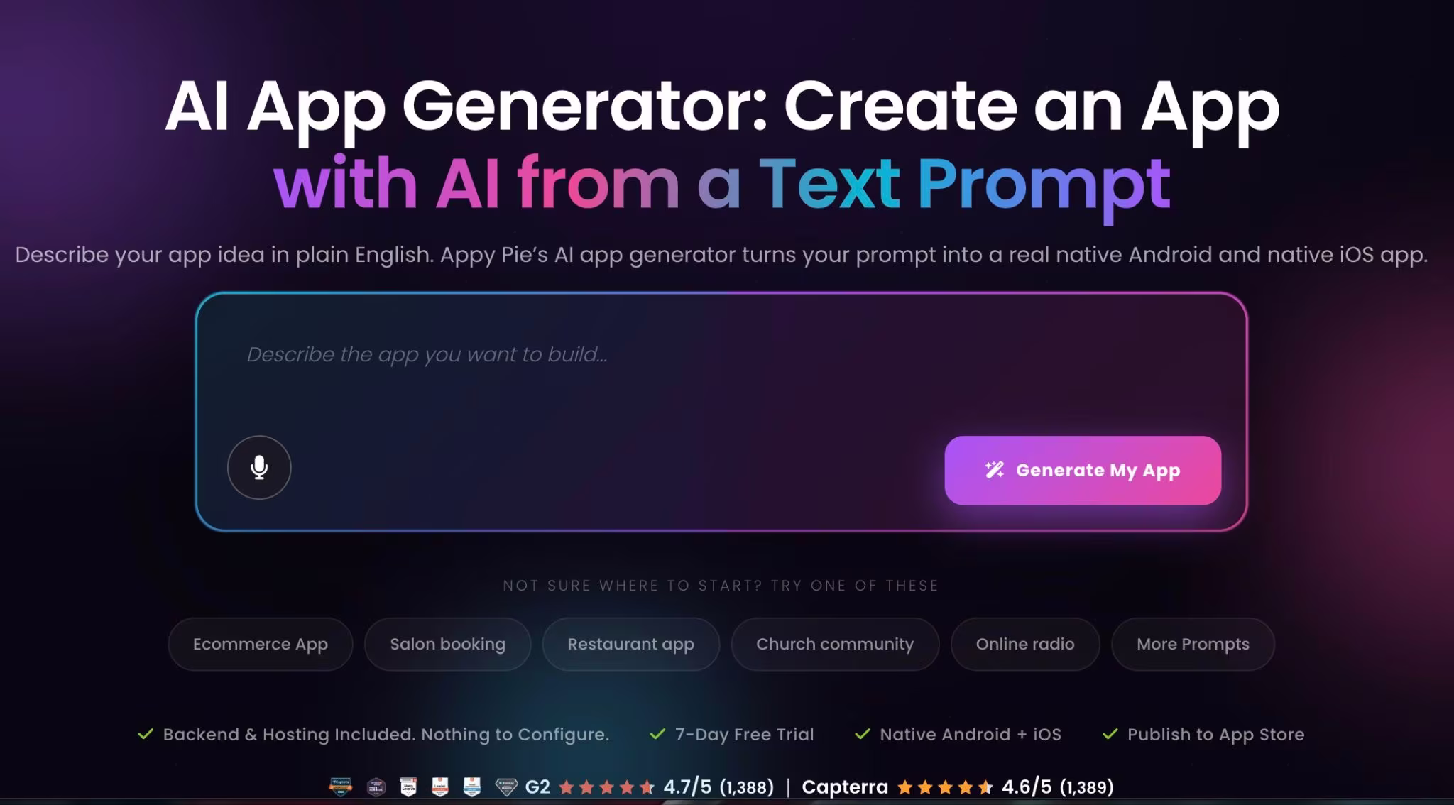 Appy Pie AI app generator showing a prompt field for creating a mobile app.