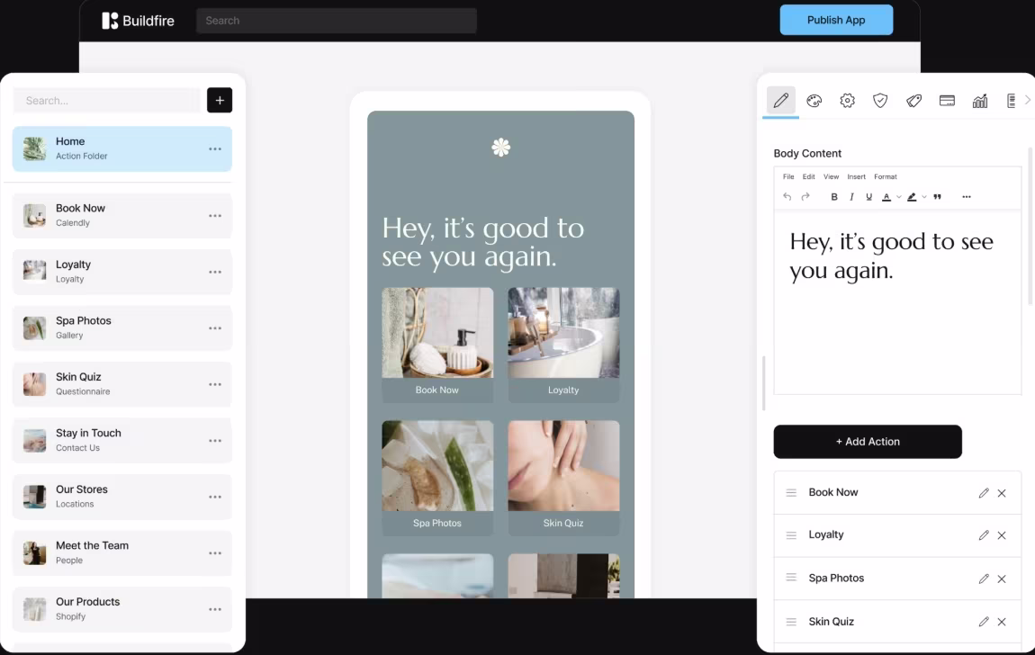  BuildFire mobile app builder dashboard showing publishing and plugin options.
