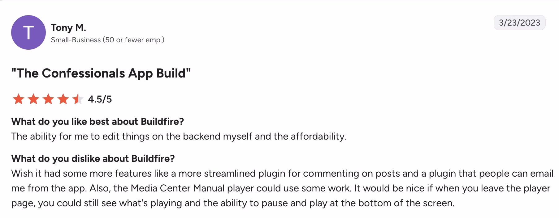  Screenshot of G2 reviews for BuildFire showing rating, review count, and review summary.