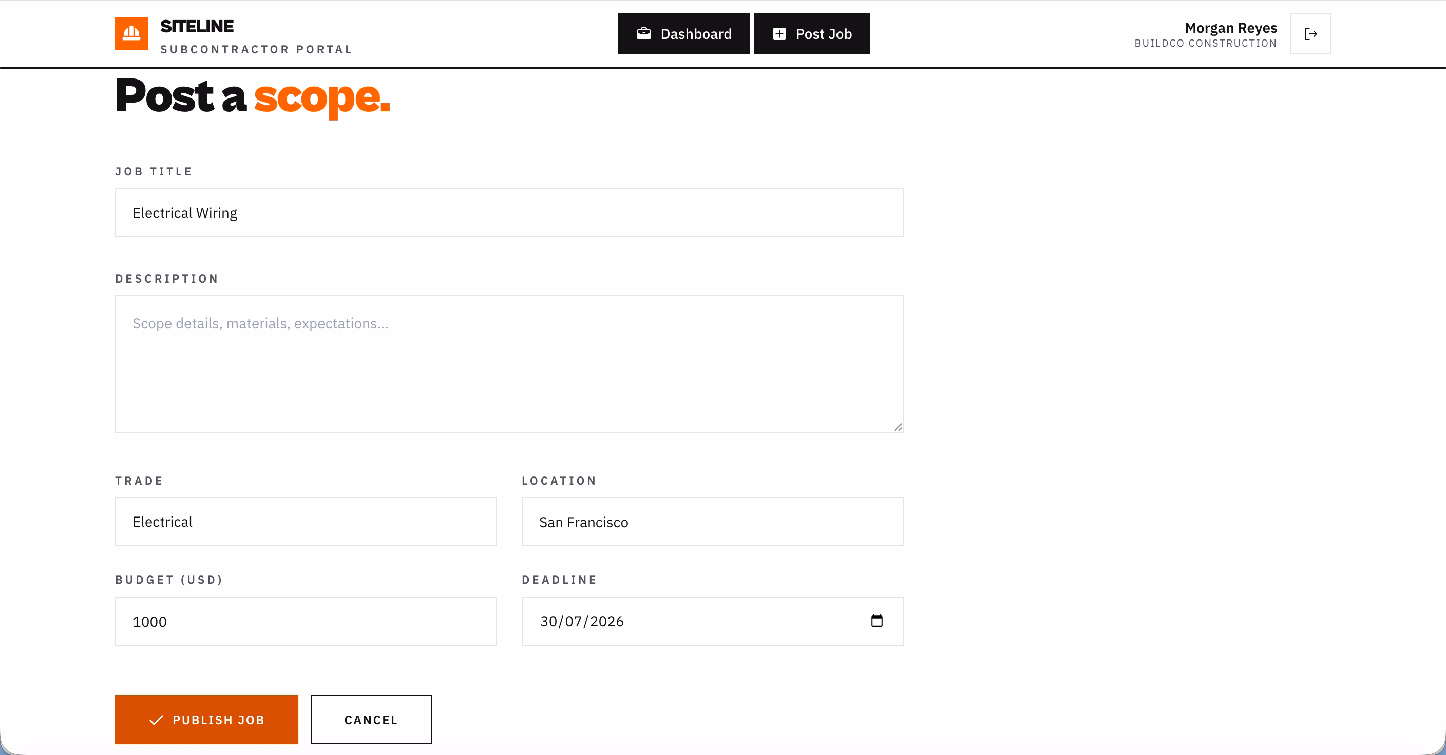 Siteline subcontractor portal "Post a scope" form with fields for job title, description, trade, location, budget, and deadline, filled in for an electrical wiring job in San Francisco