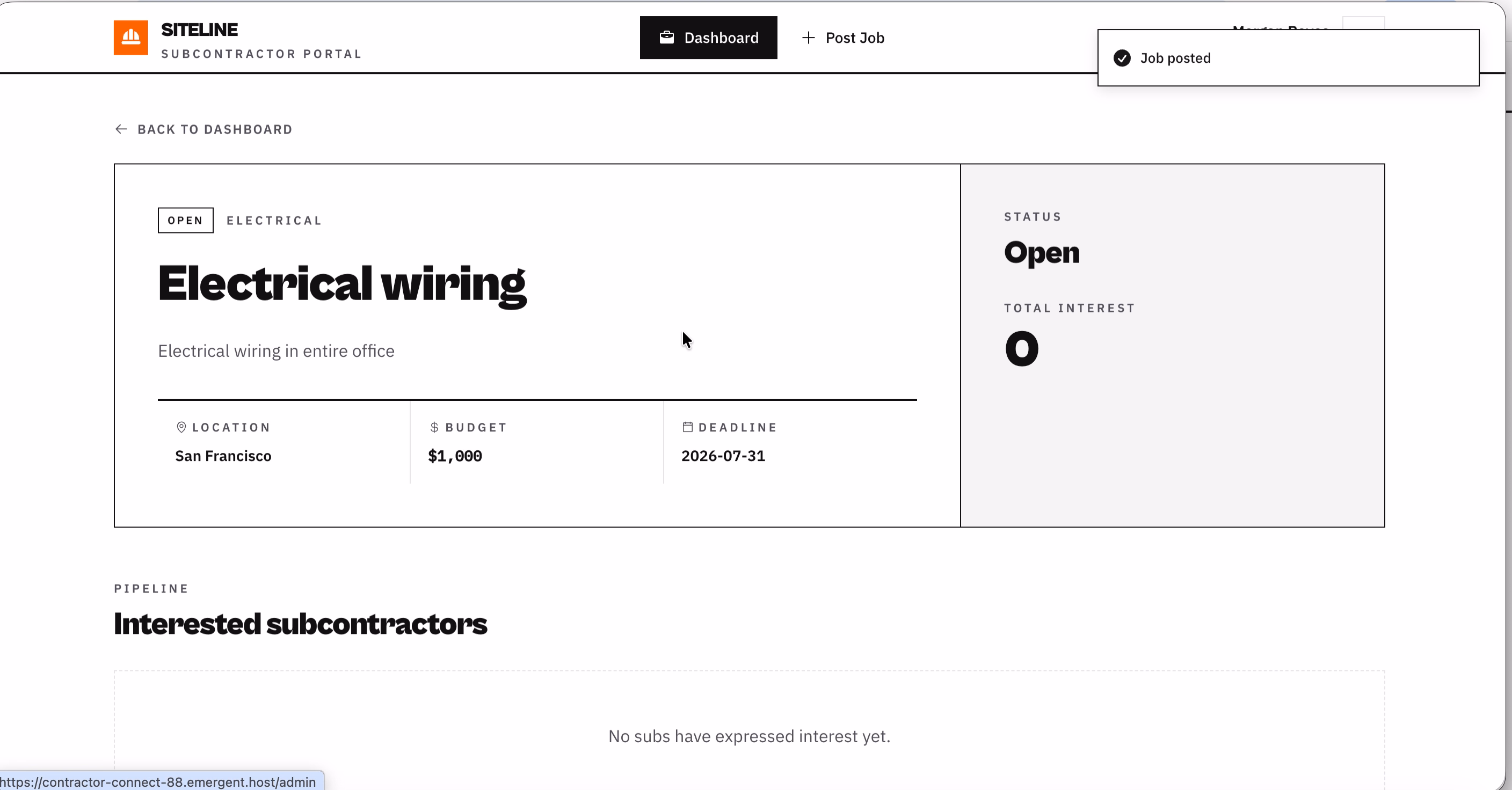 Siteline subcontractor portal job detail page