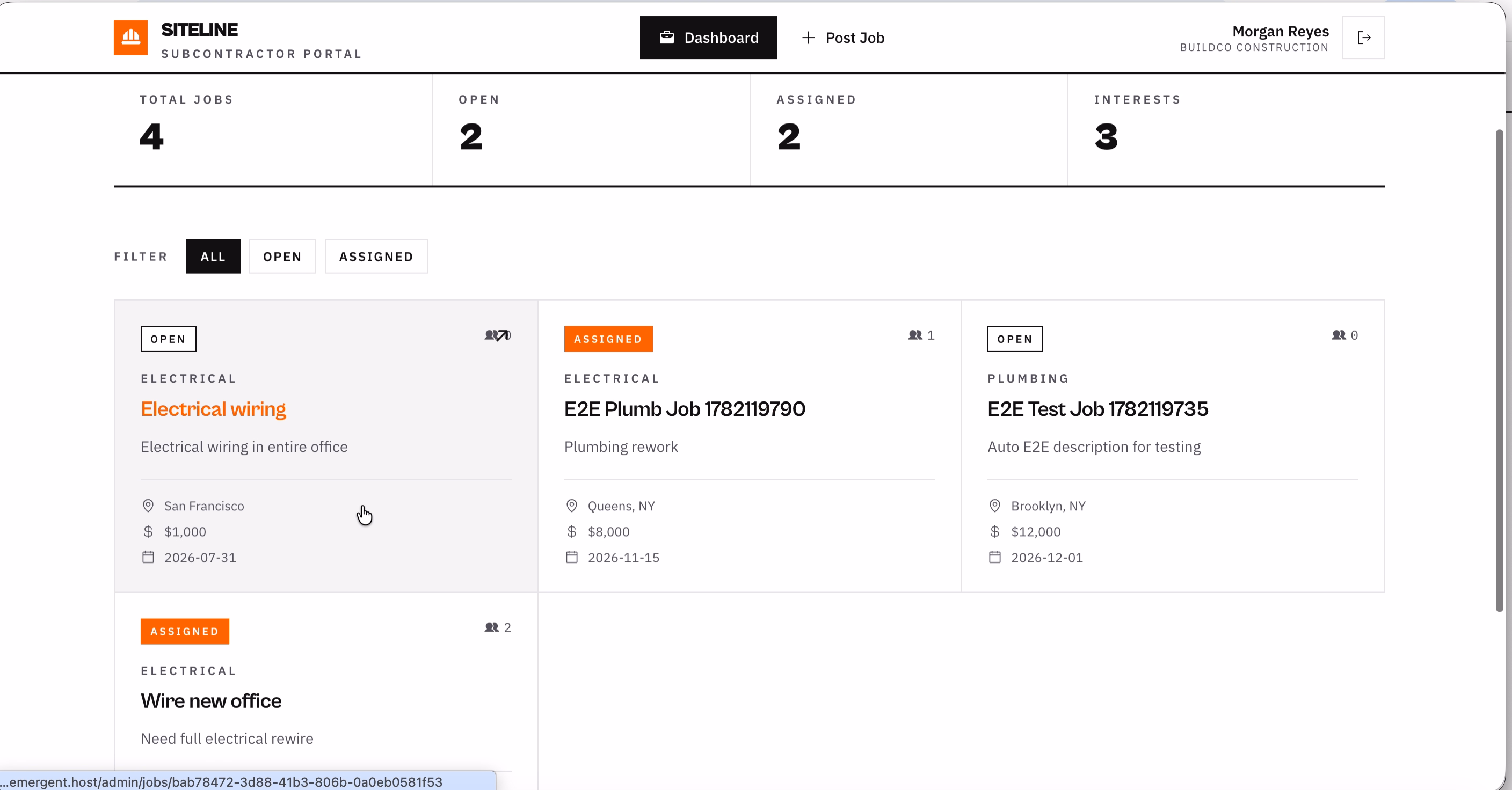 siteline subcontractor portal dashboard job cards