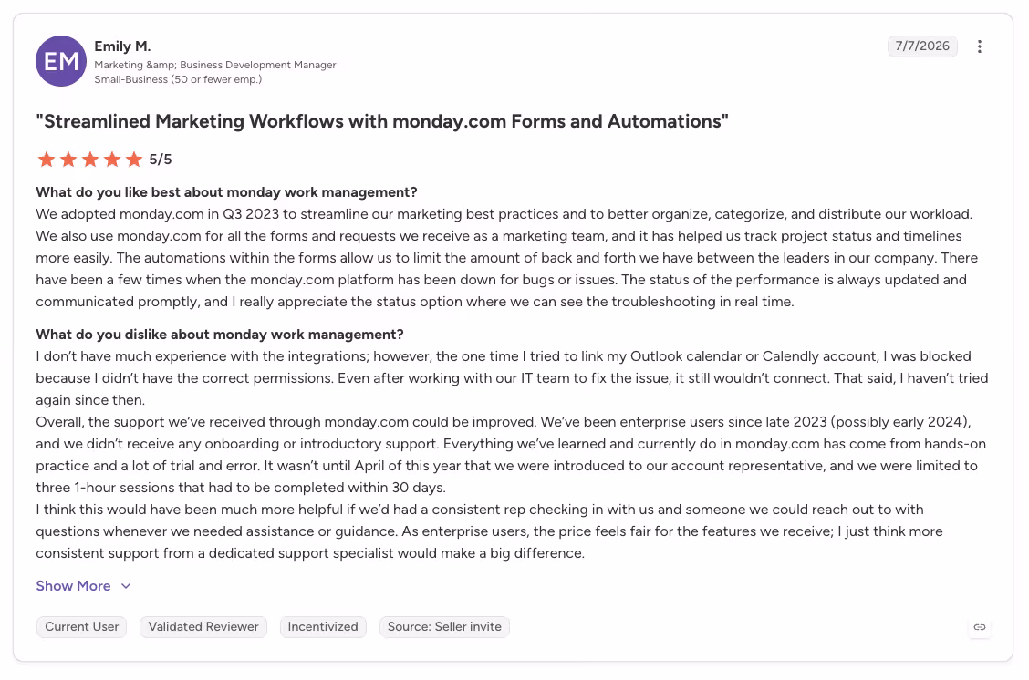 monday.com user review emily