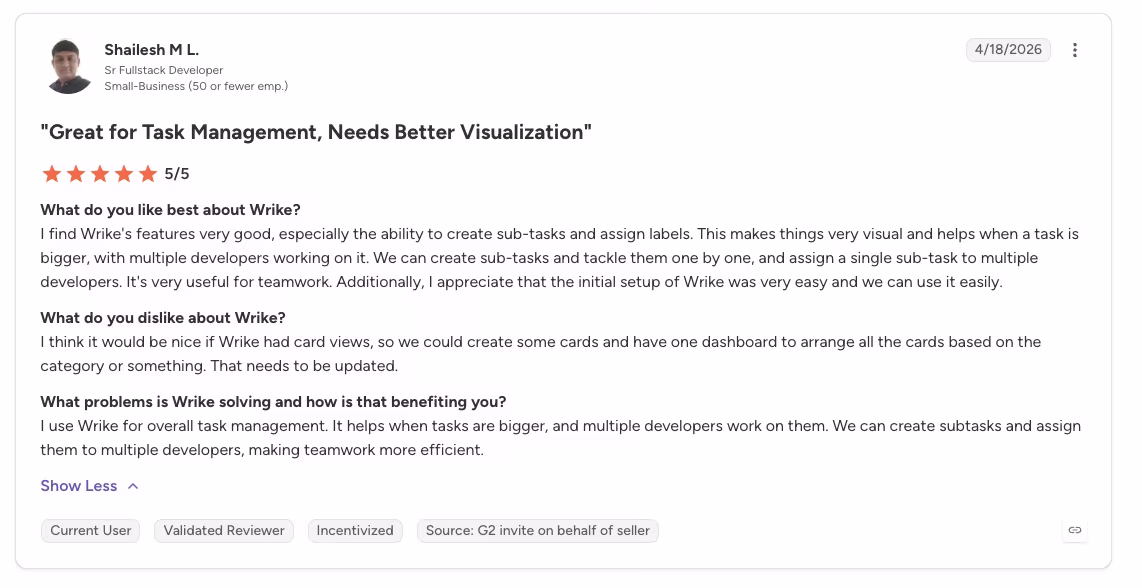 wrike user review on g2