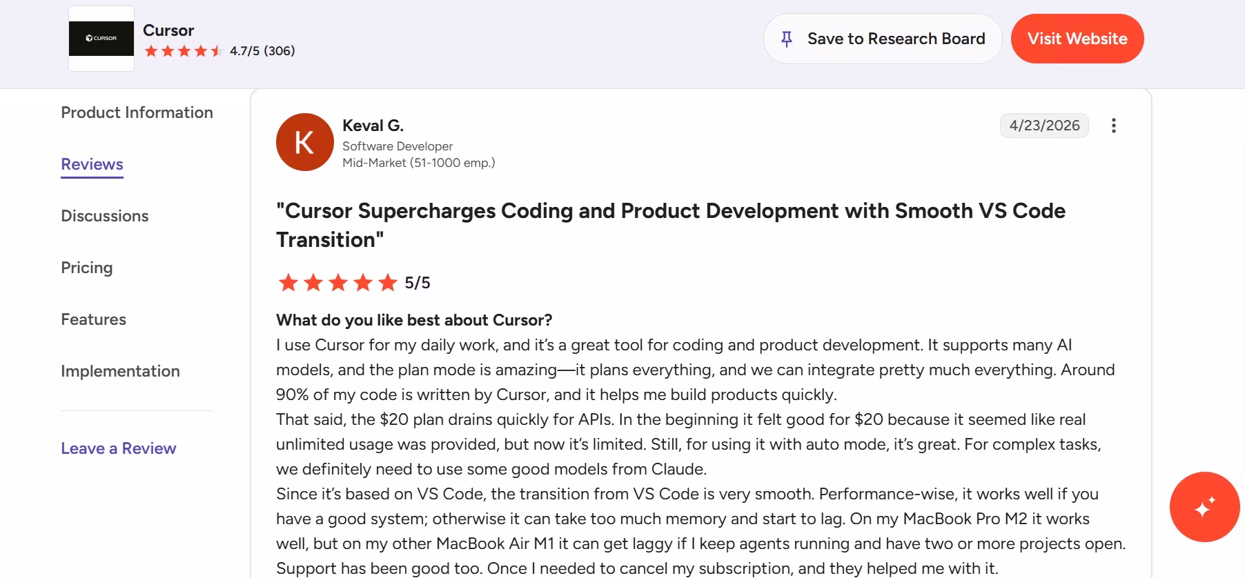 cursor review on g2