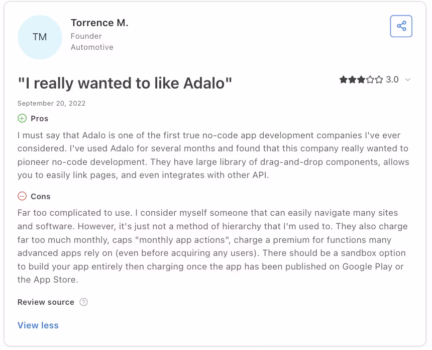 adalo user review by torrence