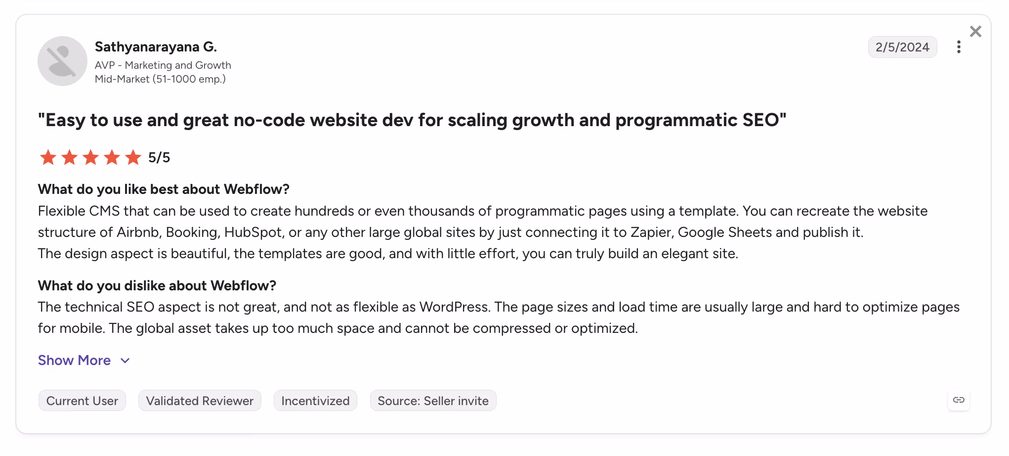 webflow review on g2 by sathyanarayana