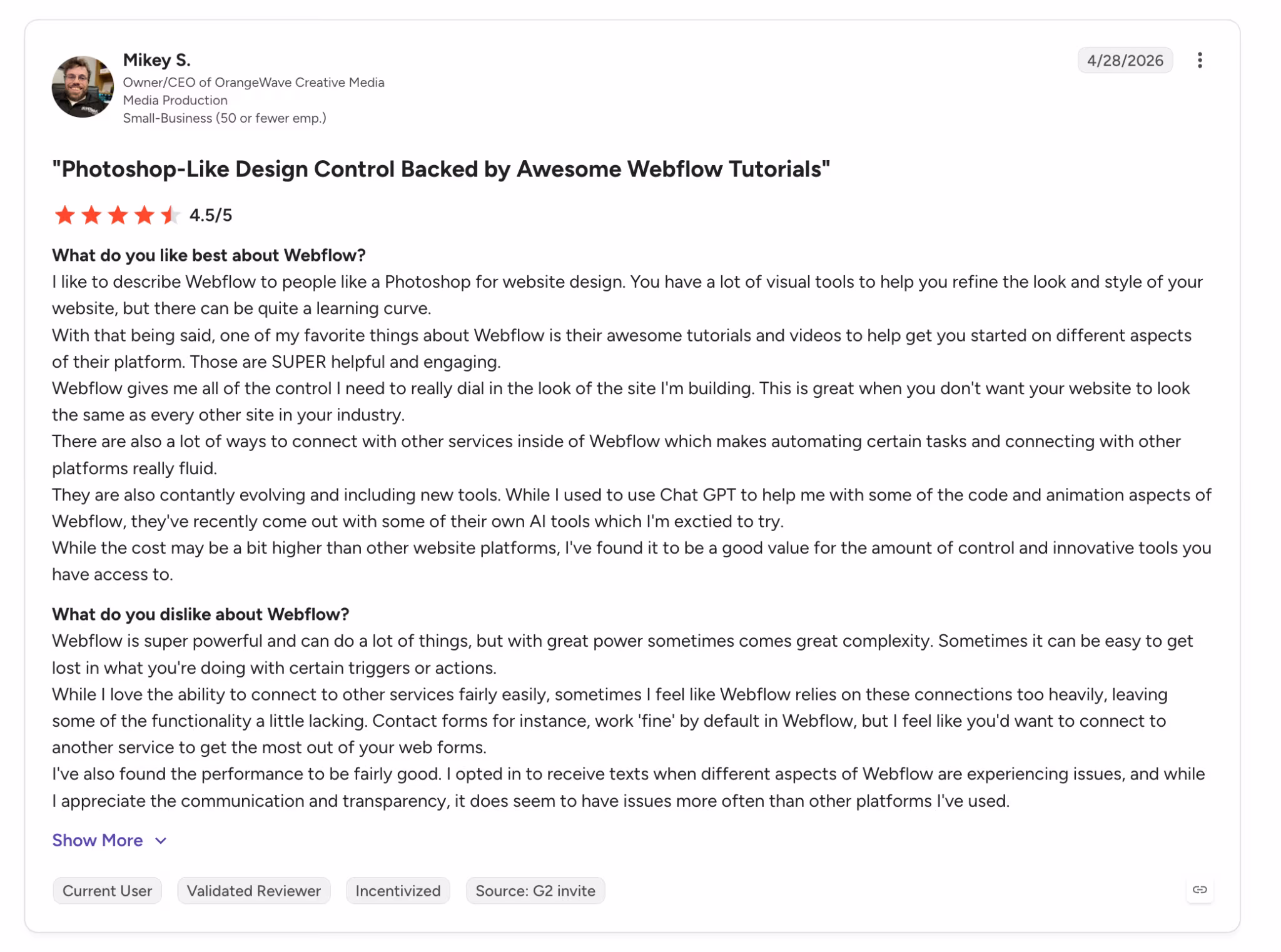 webflow review on g2 by mikey
