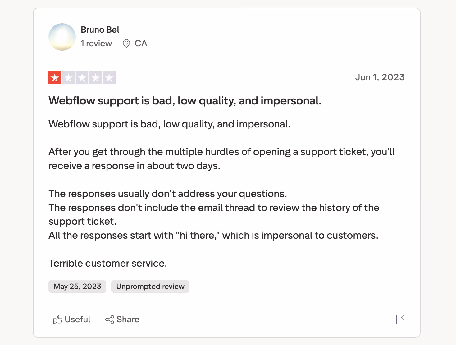 webflow review on trustpilot by bruno