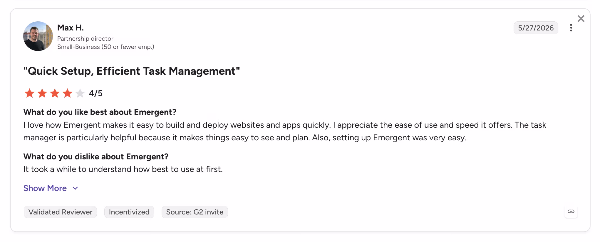 emergent user review max
