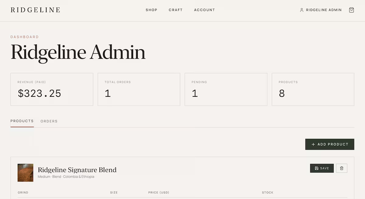 ridgeline admin dashboard