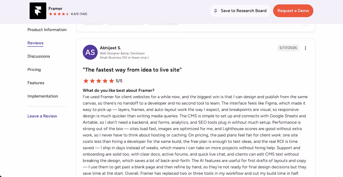 framer user review on g2