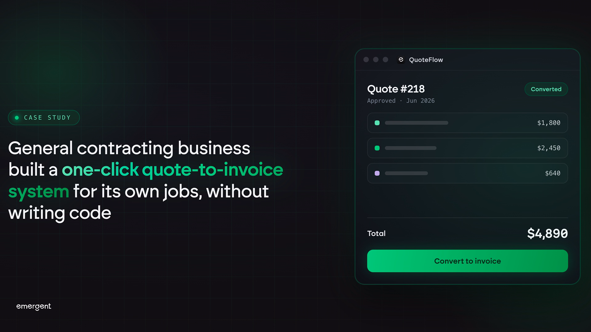 general contracting business built one click quote to invoice system