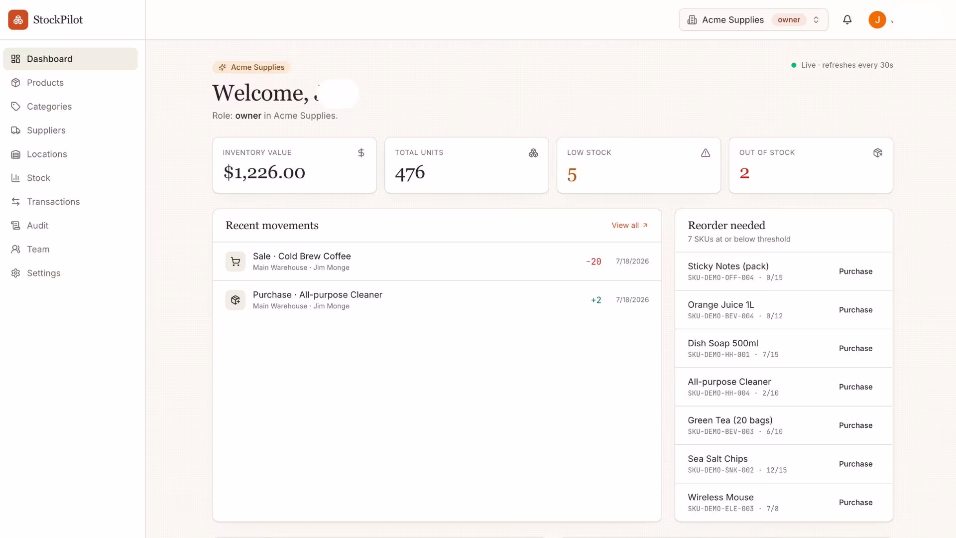 stock pilot dashboard