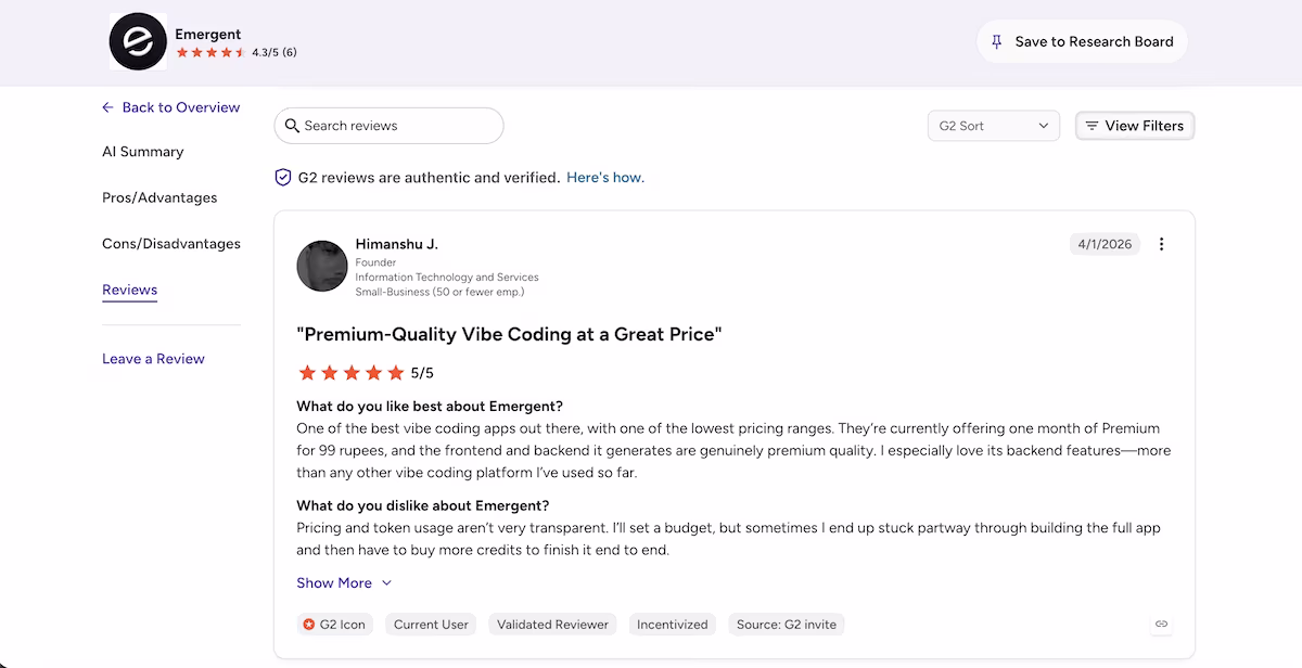 emergent user review on g2