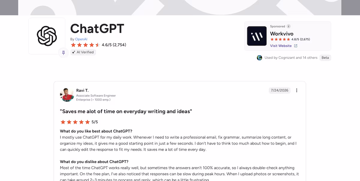 chatgpt user review on g2