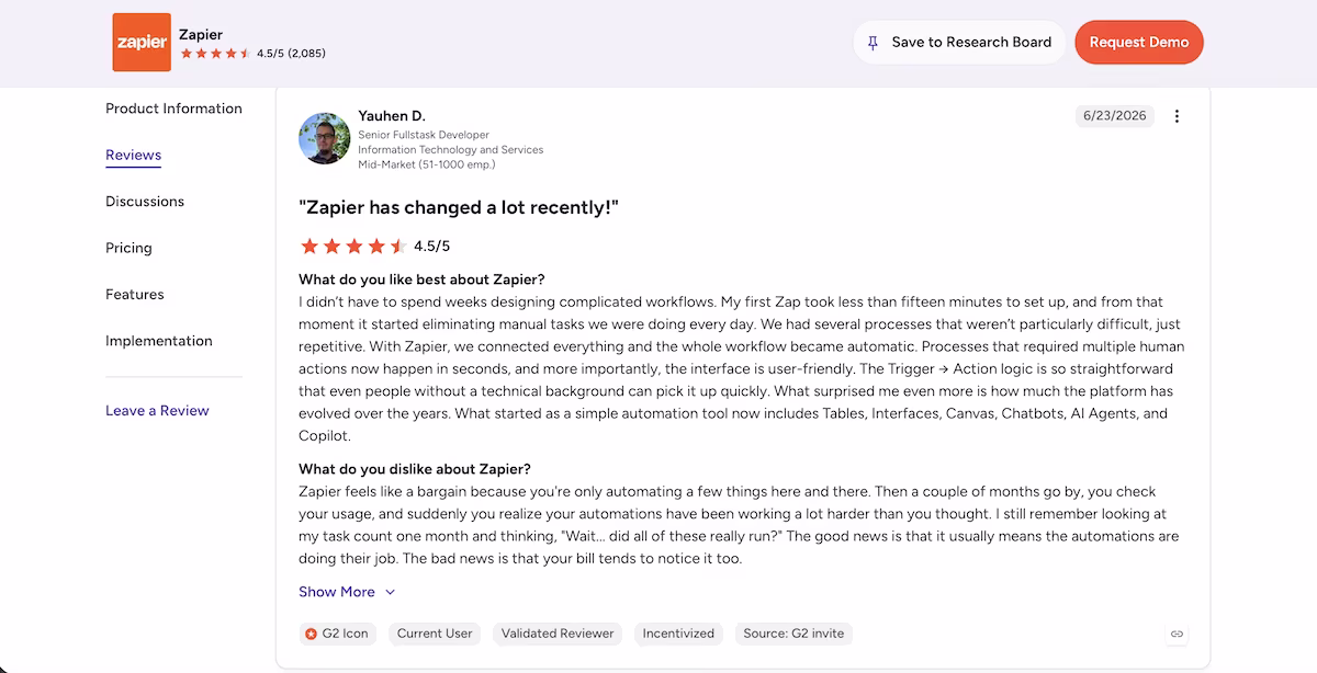 zapier user review on g2