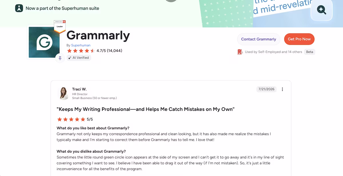 grammarly user review on g2
