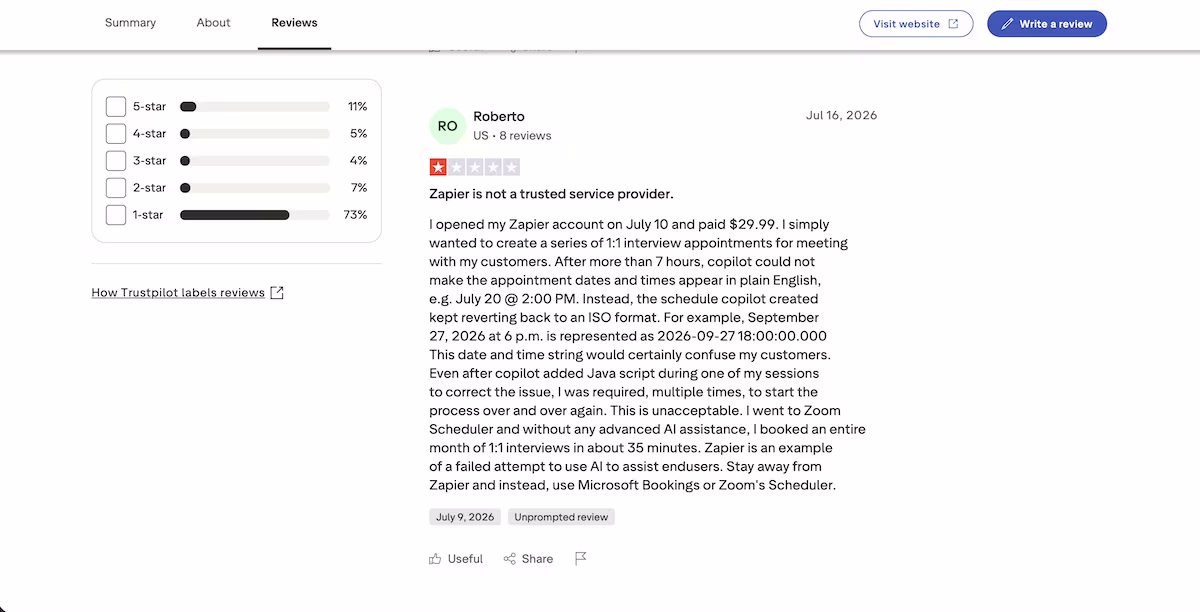 zapier user review on trustpilot