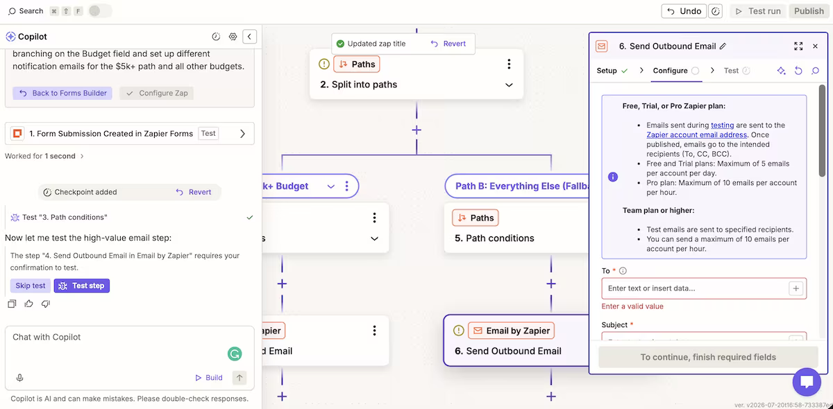 zapier email cap info panel